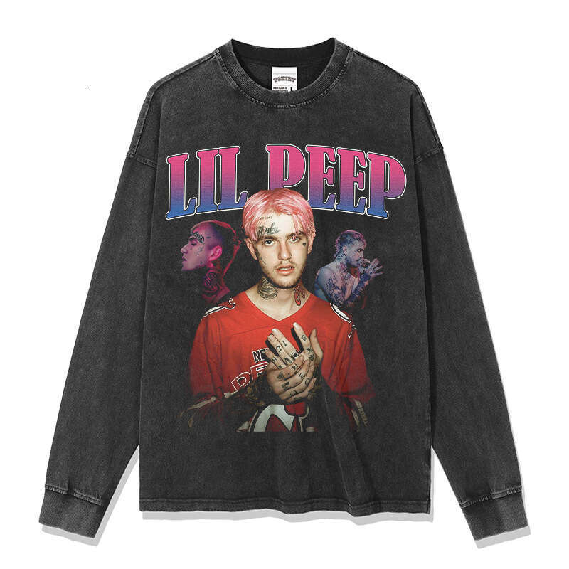 Hip hop lil peek printed high street short sleeved T-shirt vintage washed pure cotton round neck hooded sweatshirt
