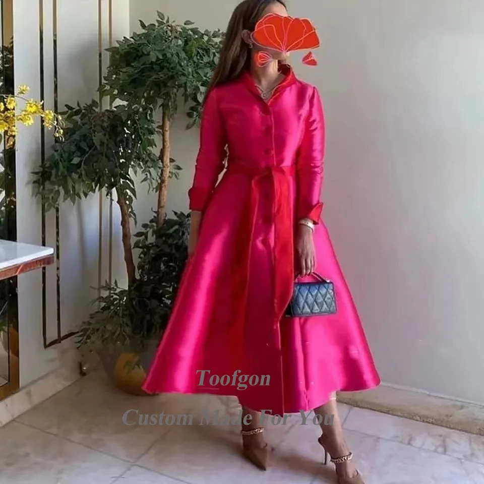 Toofgon A Line Satin Midi Prom Dresses Women Special Outfits Long Sleeves Buttons Formal Party Gowns Evening Dress Customized 241223