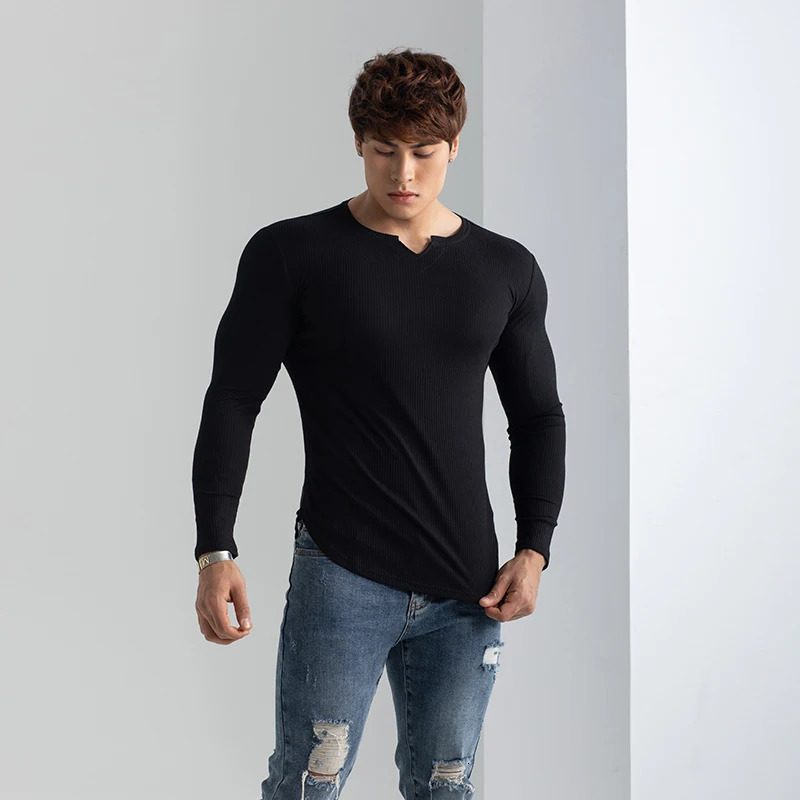 2024 mens texture stripes solid color Vneck tights elastic running hip hop long sleeve Tshirt spring and autumn shirt 241223