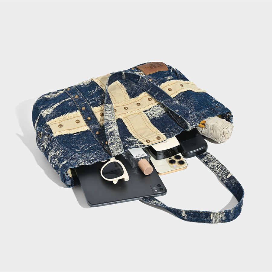 large capacity washed denim bag, fashionable trend tote bag, underarm bag, single shoulder diagonal cross bag 241215