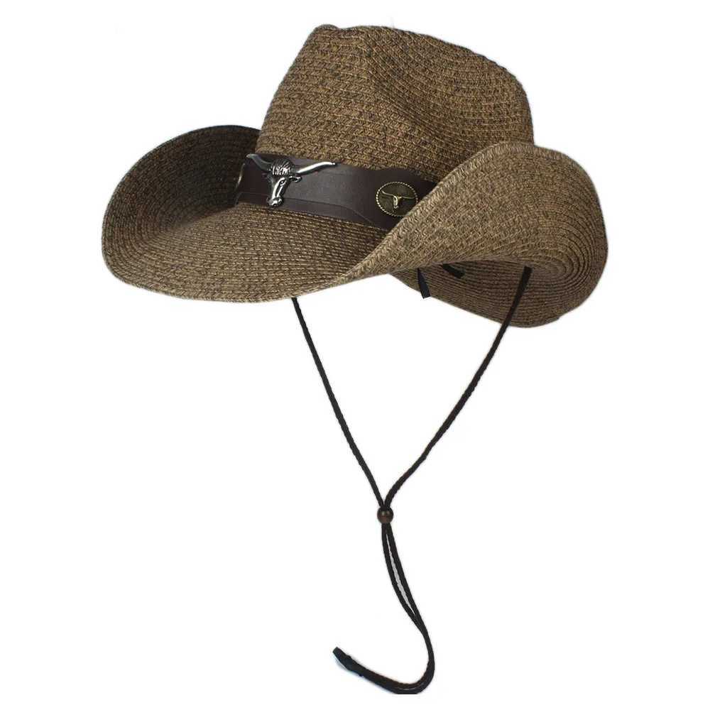 2019 Summer Str Mens Black Western Cowboy Hat Wide Brim Hat Outdoor Sombrero Hombre Cowboy Hat W241225