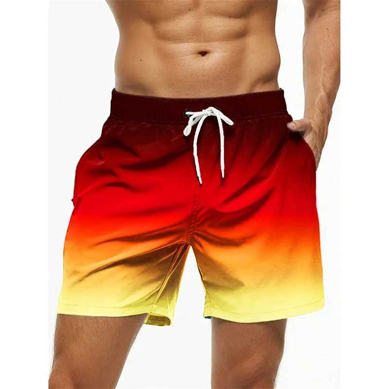 Gradient colored block graphic beach shorts mens colored 3D printed board shorts casual breathable shorts loose swimming trunks W241226