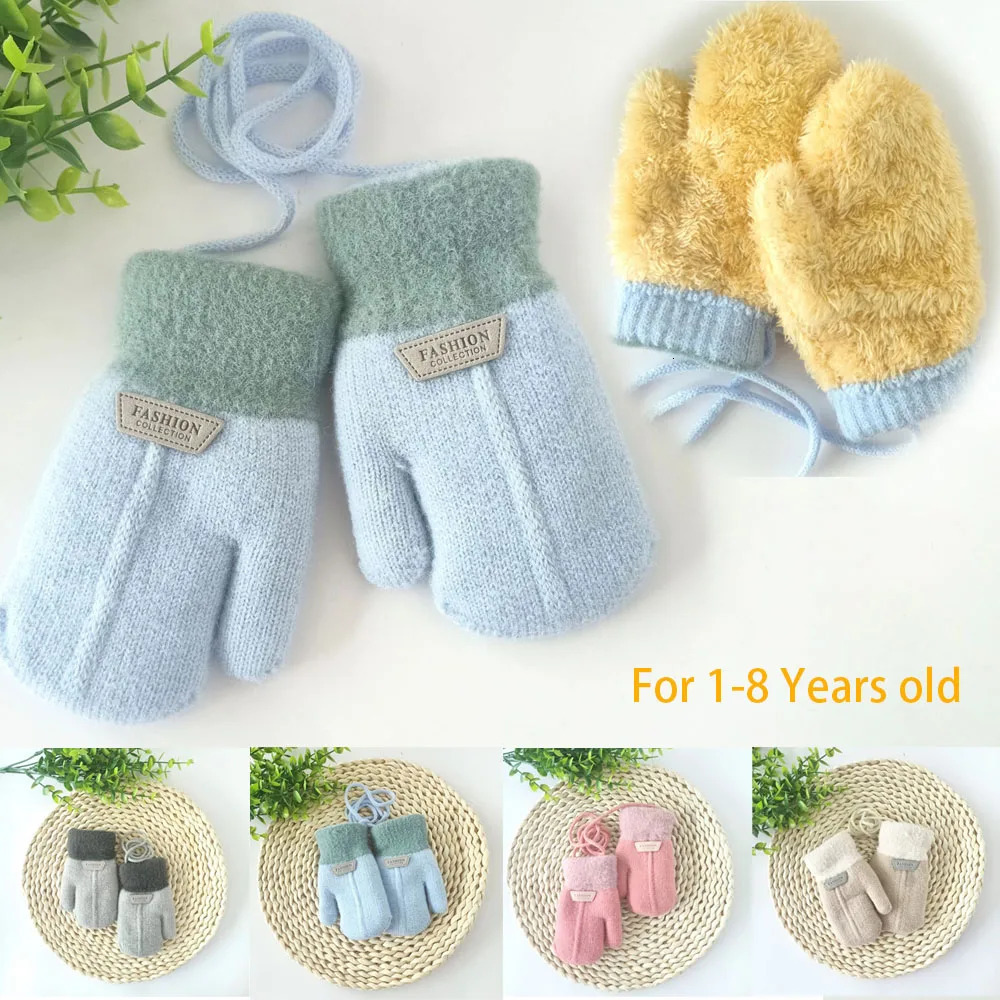 08 Years Baby Boys Girls Winter Knitted Gloves Warm Rope Full Finger Mittens for Children Solid Color Windproof 241225
