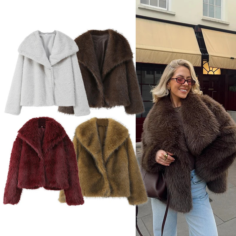Womens Fashionable Artificial Fur Short Bomber Jacket Chic Solid Long Sleeve Warm Winter Lady High Street Outerwear 241223