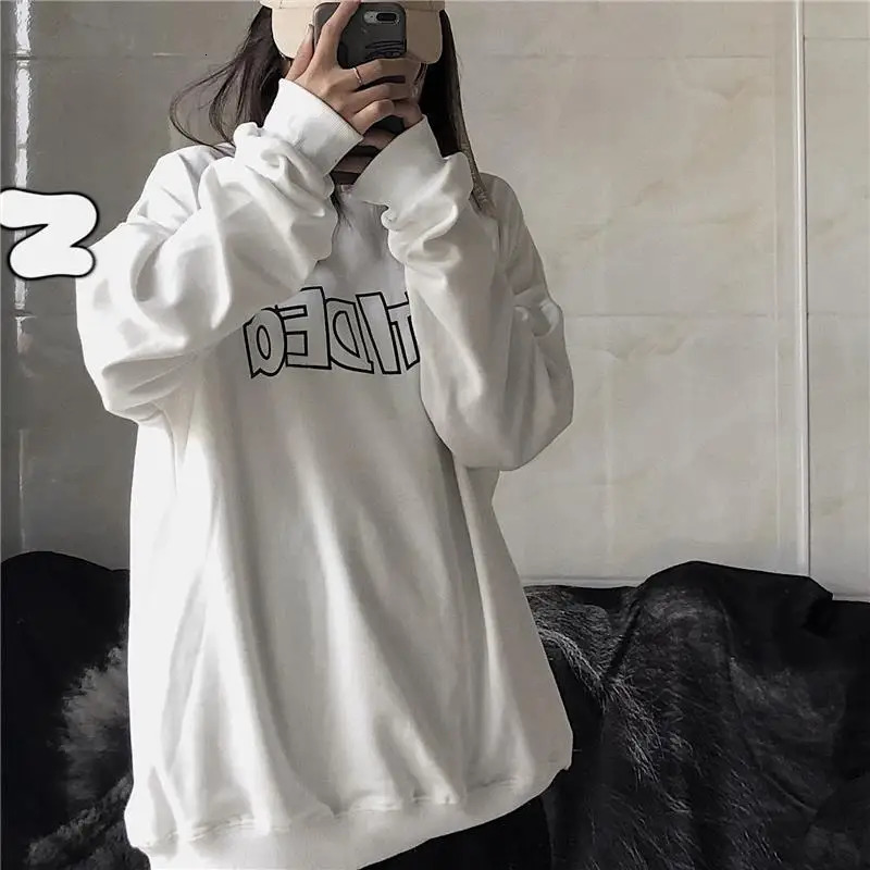 Lazy Style Print Letter Loose Hoodies Sweatshirts Spring Autumn Thin Solid Street Casual Pullovers Vintage Trend Women Clothing 241223