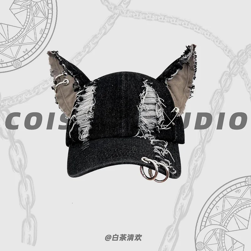 Black Y2K Devil Ears Denim Baseball Caps Women Summer Autumn Personality Versatile Retro Ripped Style Hip Hop Mens Hats 241225