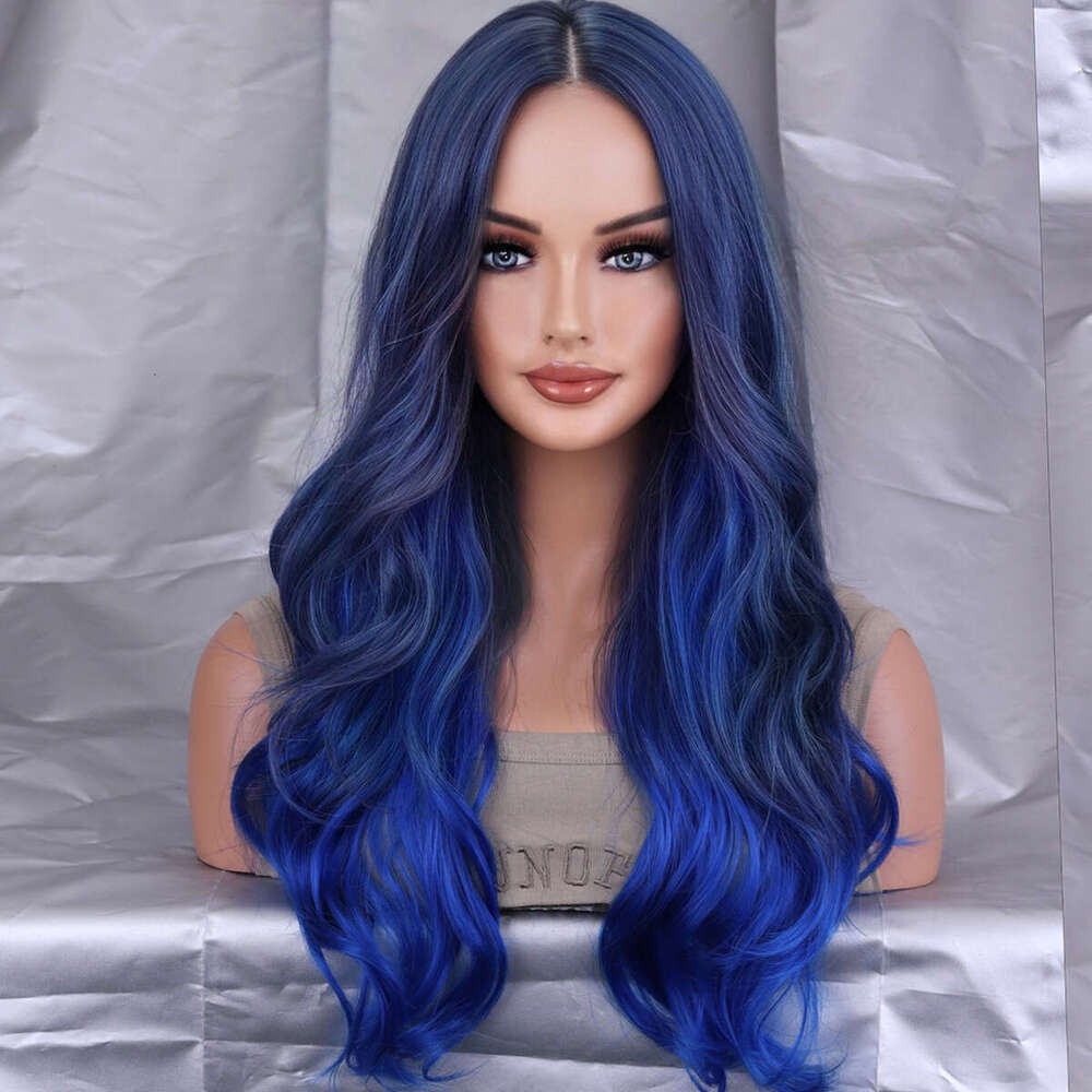 New Mid Split Blue Dyed Long Curly Synthetic High-Temperature Silk Wig Headband Hairwigs Kq1 Kq1