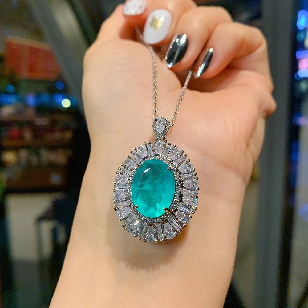 Charms 1216mm Paraiba Tourmaline Emerald High Carbon Diamond Pendant Necklace for Women Wedding Party Fine Jewelry Ladies Gift 241226