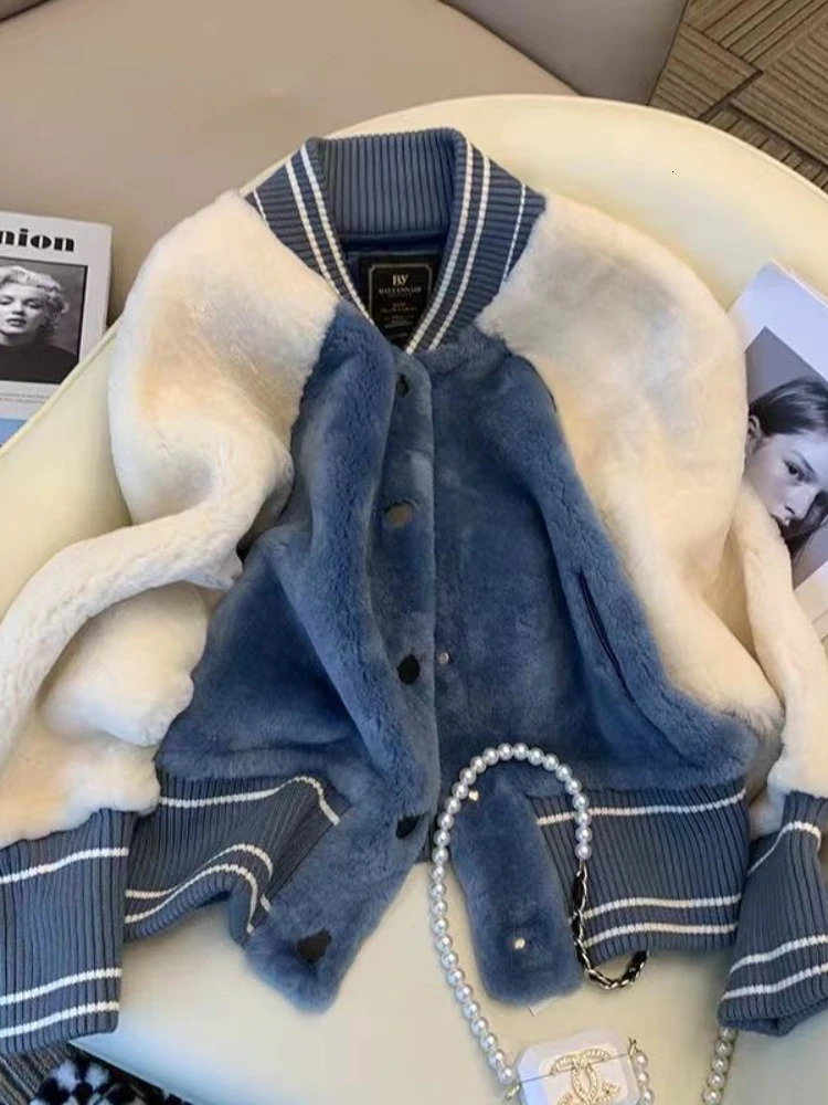 Nicemix Contrast Stitching Lamb Wool Coat Womens Autumn Winter Bomber Jacket Loose Korean Thickened Baseball Uniform 241218