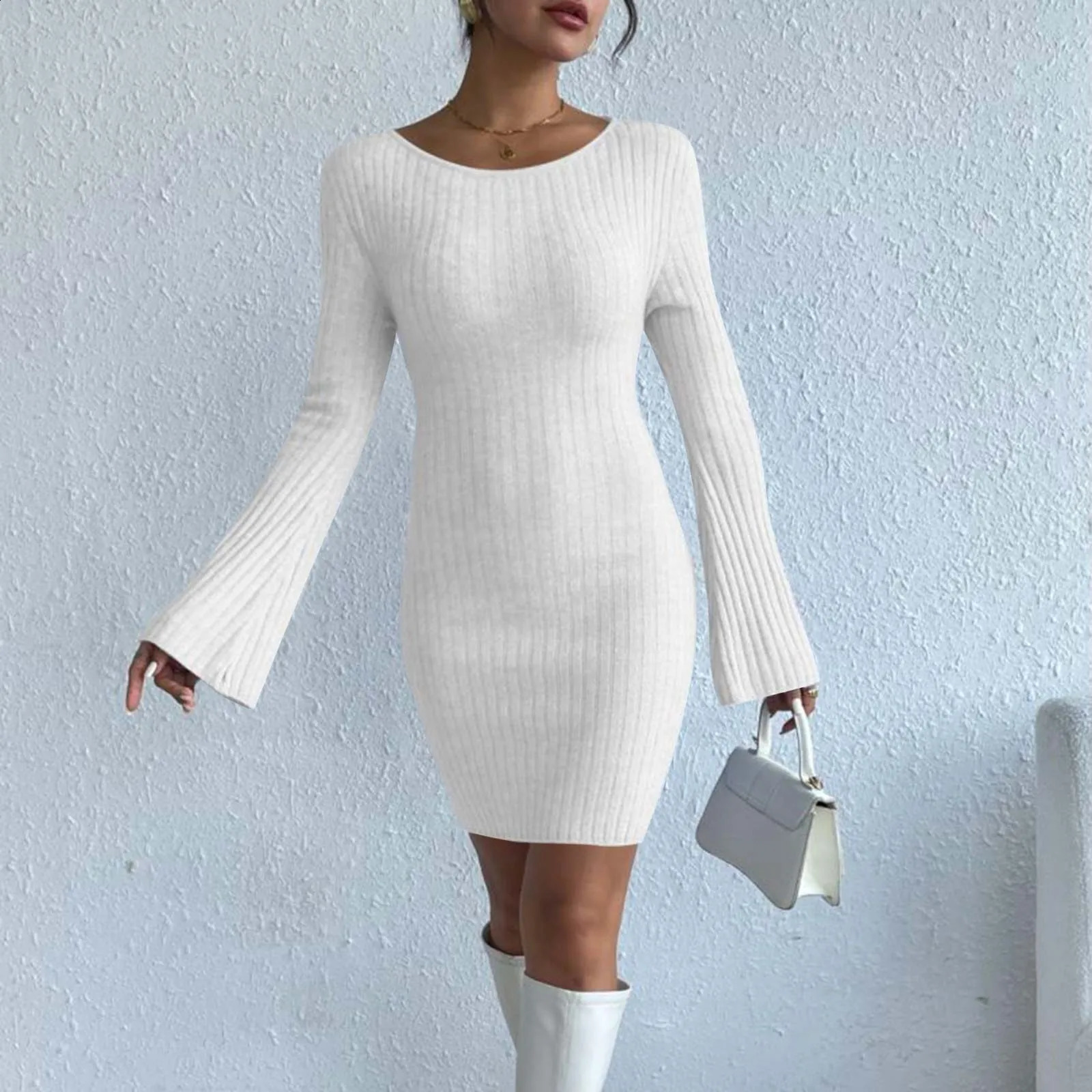 Solid Color High Quality Knitted Backless Dresses for Women Autumn Winter Elegant Long Sleeve Bodycon Casual Mini Dress 241224