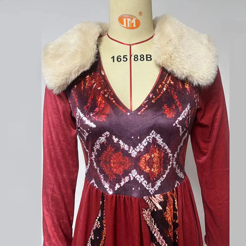 Women Chic Bohemian Fur Collar V-Neck Maxi Dresses Autumn Retro High Waist A-line Dress Loose Pattern Print Party Dress 241224