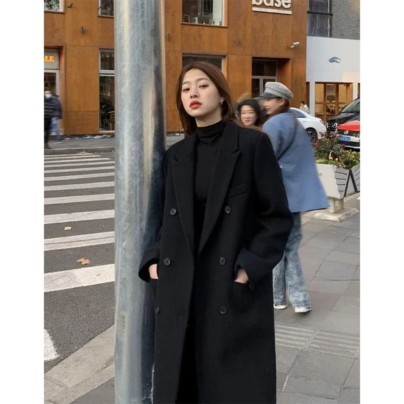 MEXZT Long Wool Blends Coat Streetwear Black Blazer Korean Quilted Woolen Jackets Winter Elegant Overcoat Thick Outerwear 241225
