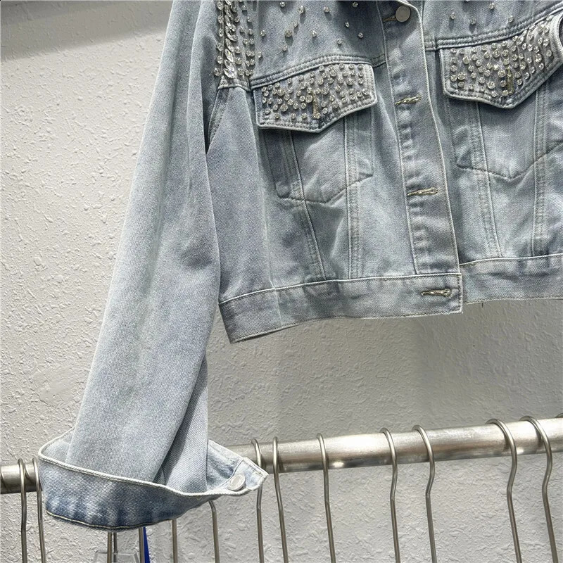 Light Blue Beaded Diamond Short Denim Jacket Women Spring Autumn Casual Lapel Long Sleeve Cow Outerwear Female Streetwear 241223
