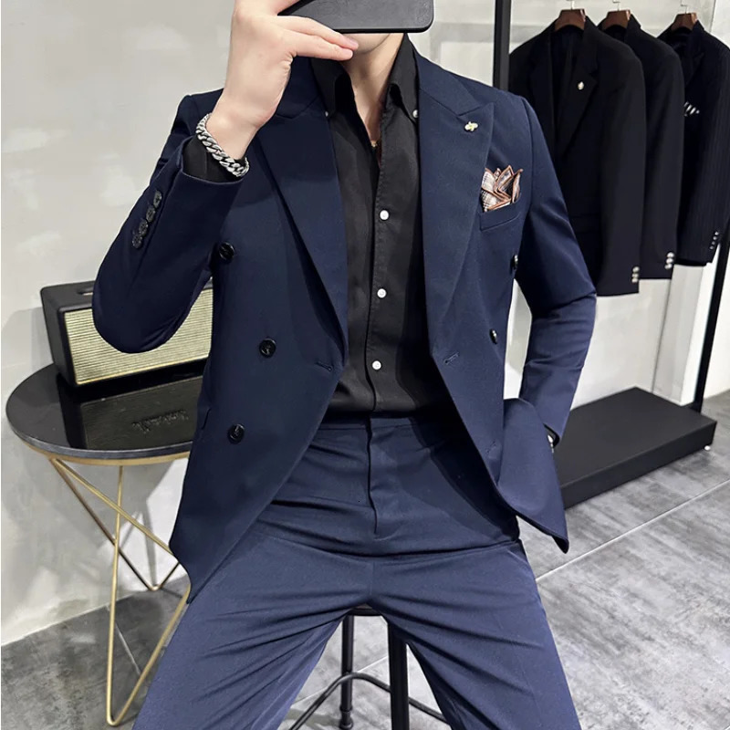 Mens Classic Doublebreasted Suit suitpants 7XLS Fashion Wedding Banquet Social Business 2 Sets 241223