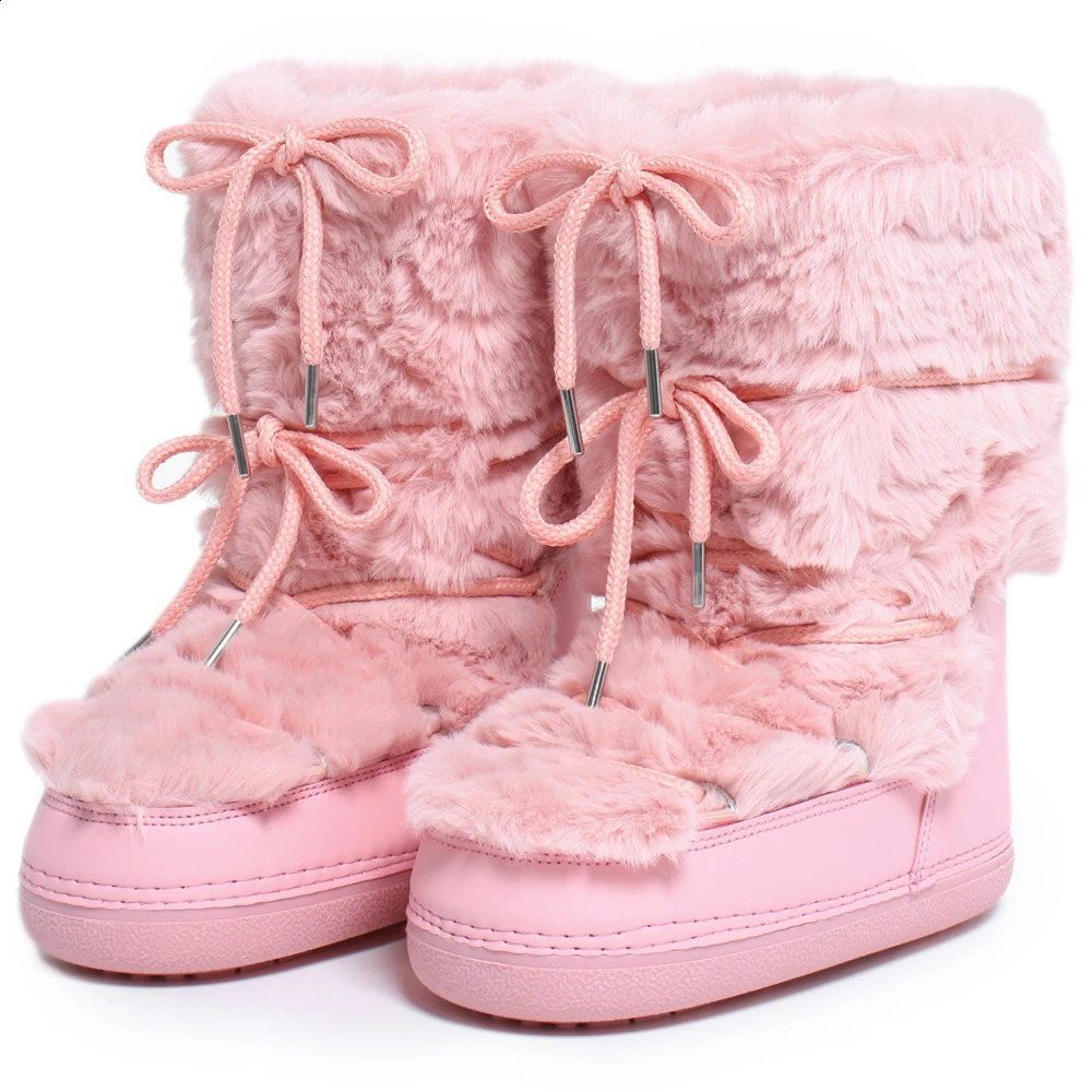 2024 Winter Boots Mid-calf Rabbit Fur Snow Boots Women Fluffy Furry Fur Cotton Boots Lace-up Waterproof Cotton Boots241226