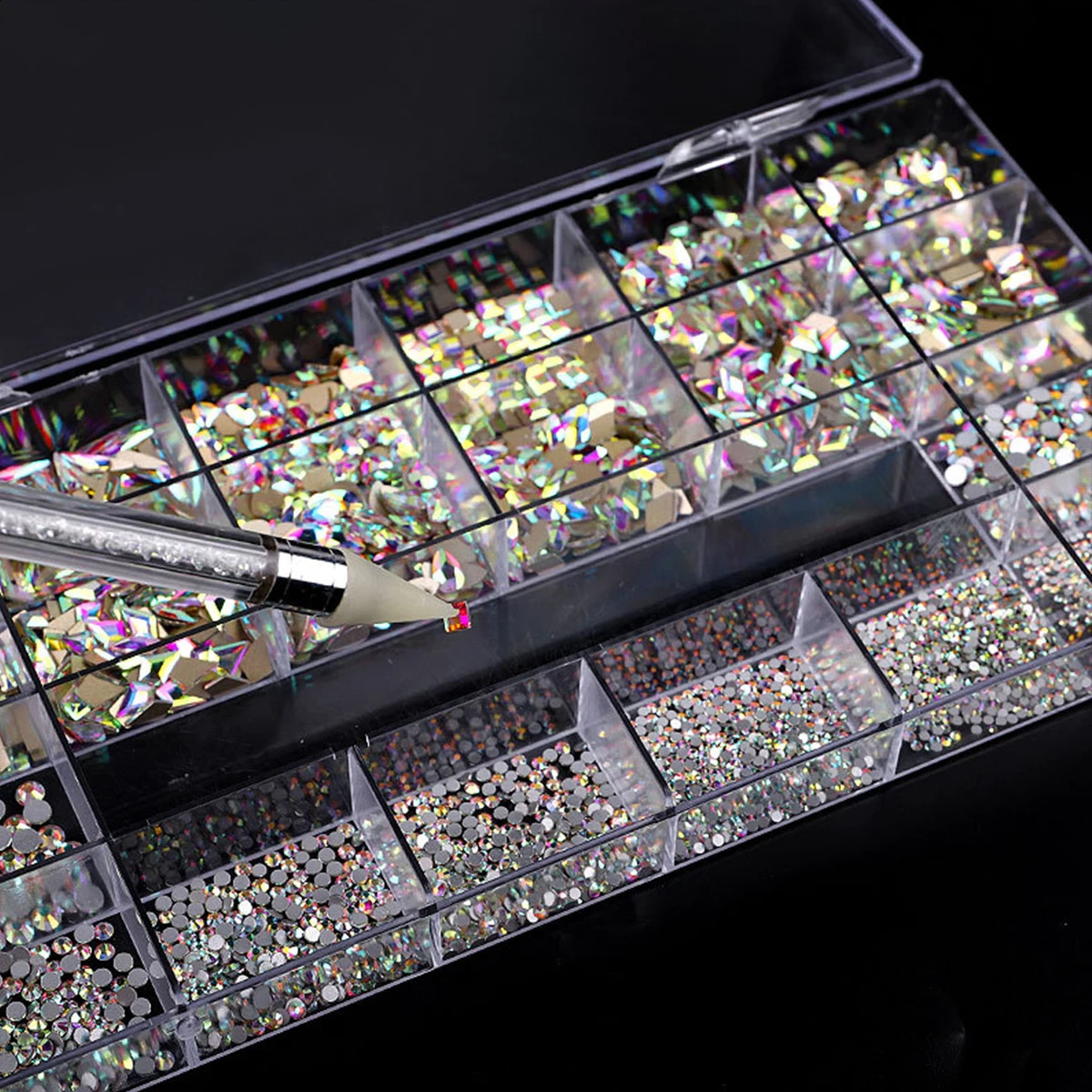 21 grid rhinestone box mixed nail diamond Flat glass shaped diamond DIY nail rhinestone nail jewelry set 241226