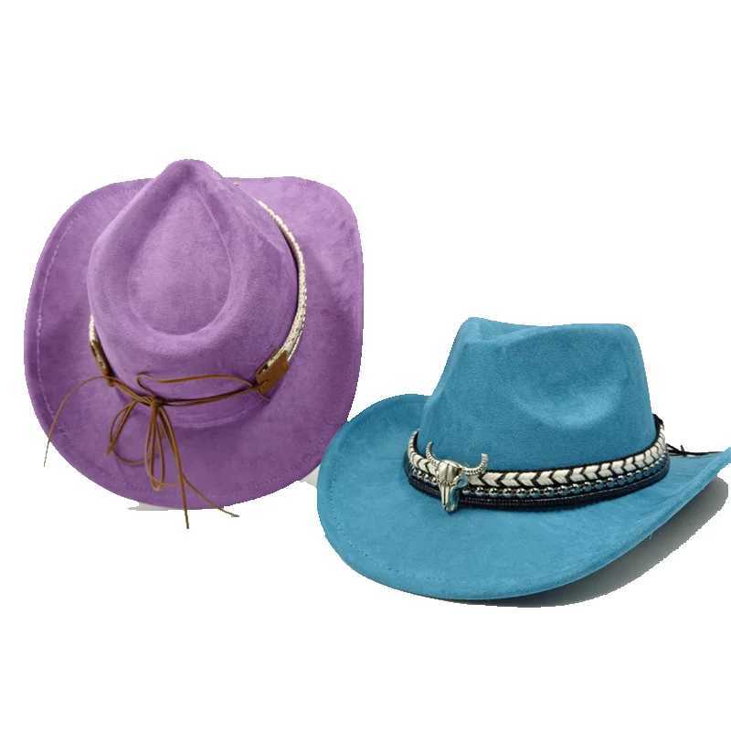 Suede Western Cowboy Hat Cow Head Jewelry Cowboy Hat Monochrome Felt Hat Mens and Womens Large Outdoor Hats Knight Hat W241225