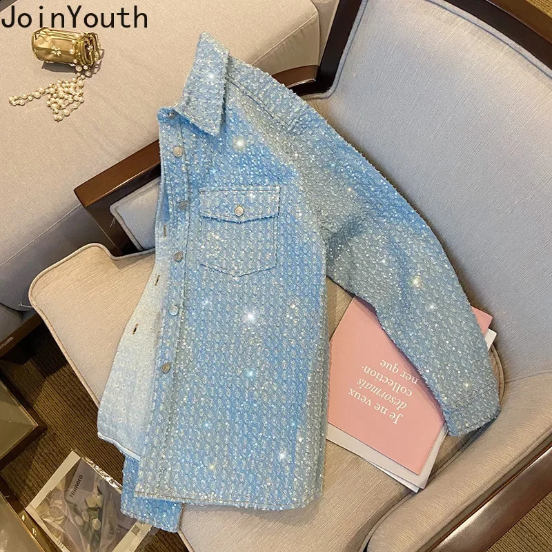 Streetwear Sequined Denim Coat Women Clothing Casual Korean Y2k Tops Ropa Mujer Long Sleeve Fashion Vintage Jackets 7o648 241223