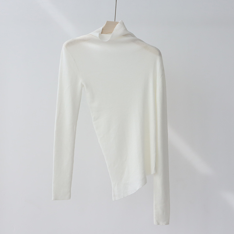 9484v1 Luxurious Asymmetric High Neck Wool Blend Sweater with Beveled Edges Perfect for Cold Seasons