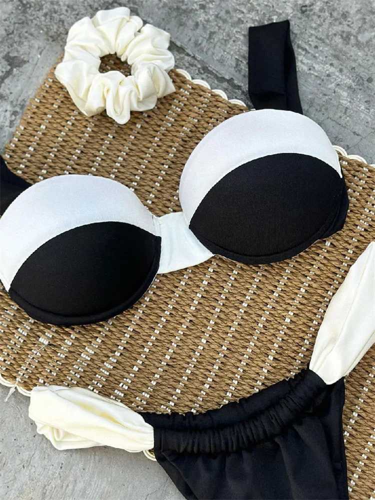 Push Up Black and White Splicing Bikini 2024 Sexy Comparison Underwear Ruffle T-shaped Swimsuit Brazilian Swimsuit Mini SwimsuitW241225