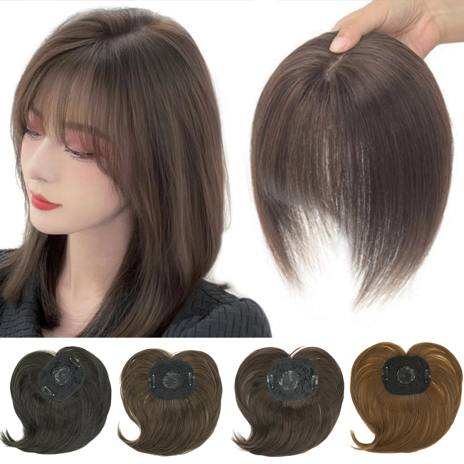 Soowee Synthetic Hair Topper With Bangs Invisible 3D Hair Toupee Hairpieces Top Hair Closures for Men and Women 241225