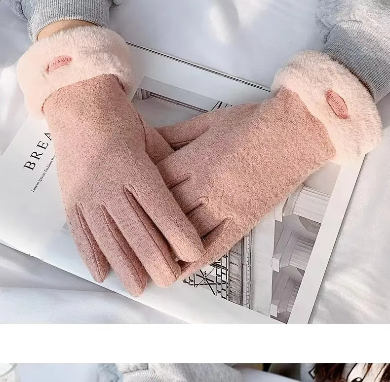 Warm Full Finger Gloves Autumn Winter Touch Screen Plus Wool Gloves Womens Thickened Wool Knit Cycling Gloves 241226
