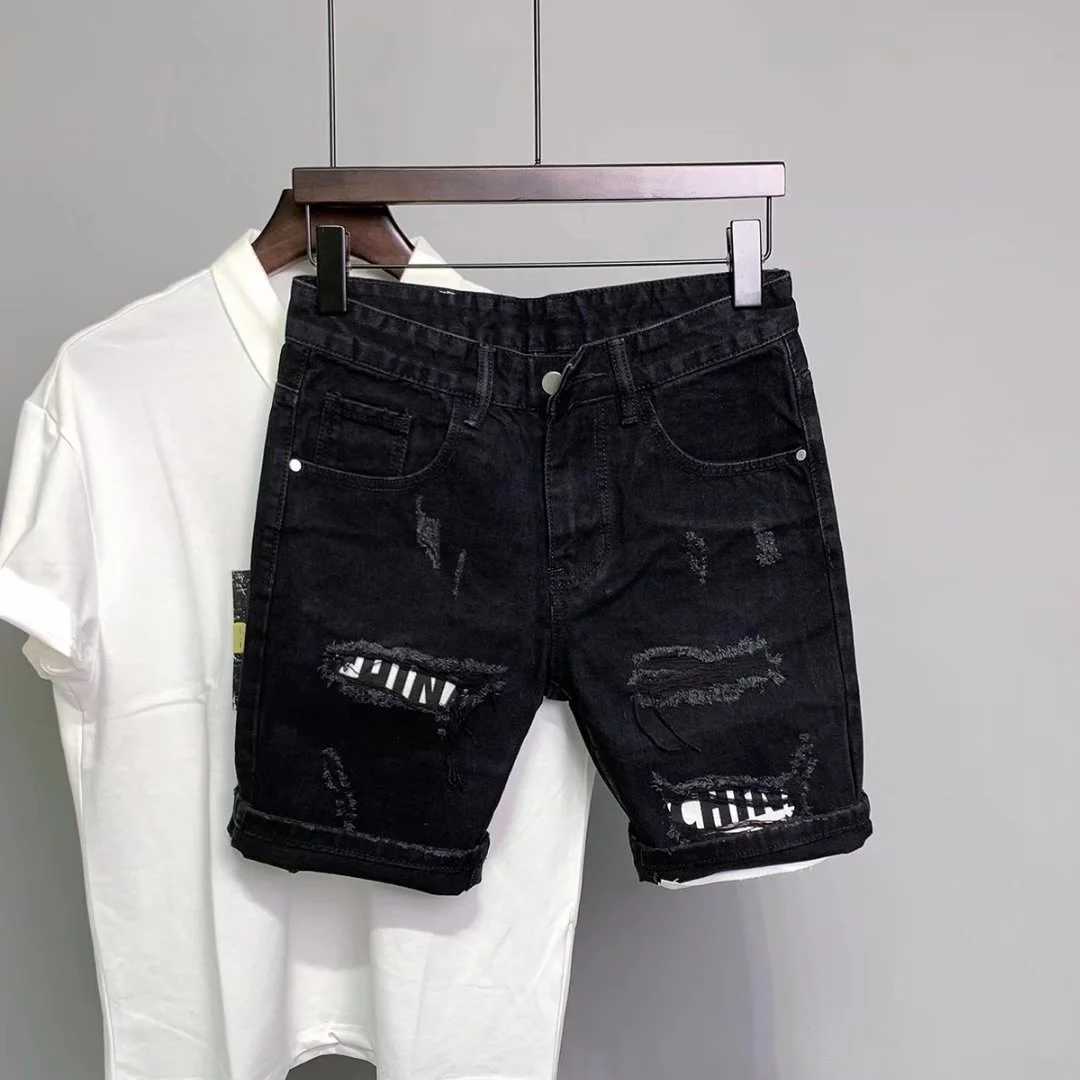 Summer mens black hole sticker ultra-thin denim shorts Korean fashion hip-hop leg Harajuku fashion mens black jeans shorts W241226