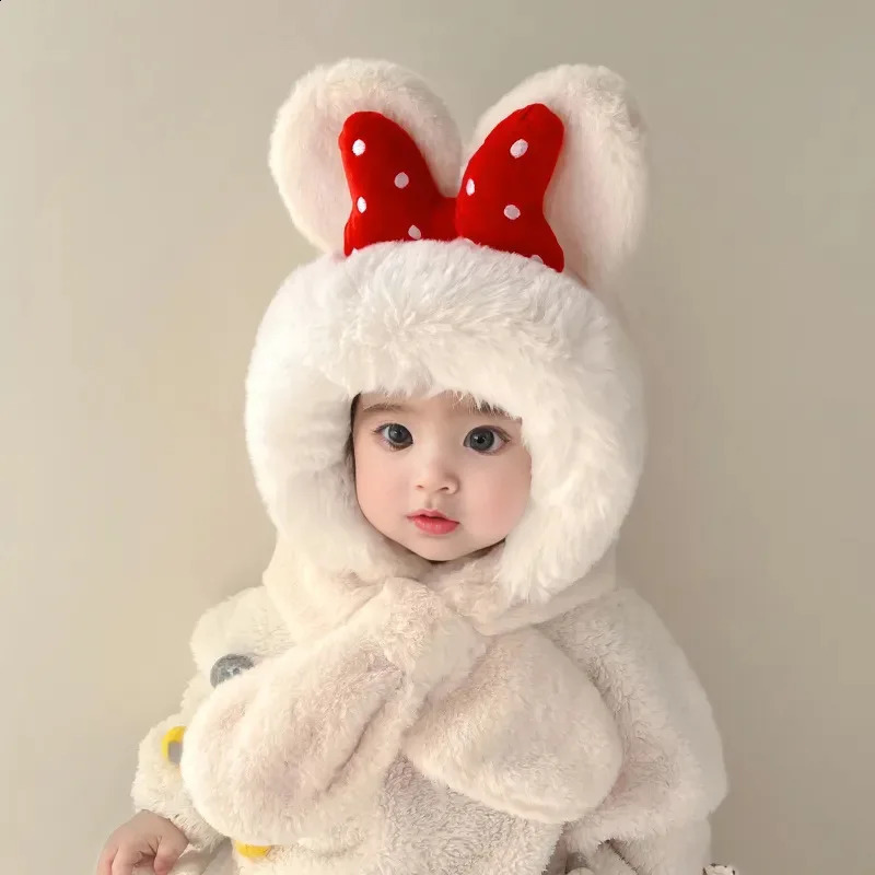 Cute Bow Winter Children Plush Scarf Hat 16year Baby Girl Ear Protection Cap Kids Cross Neckerchief Windproof Warm Fur Beanies 241225