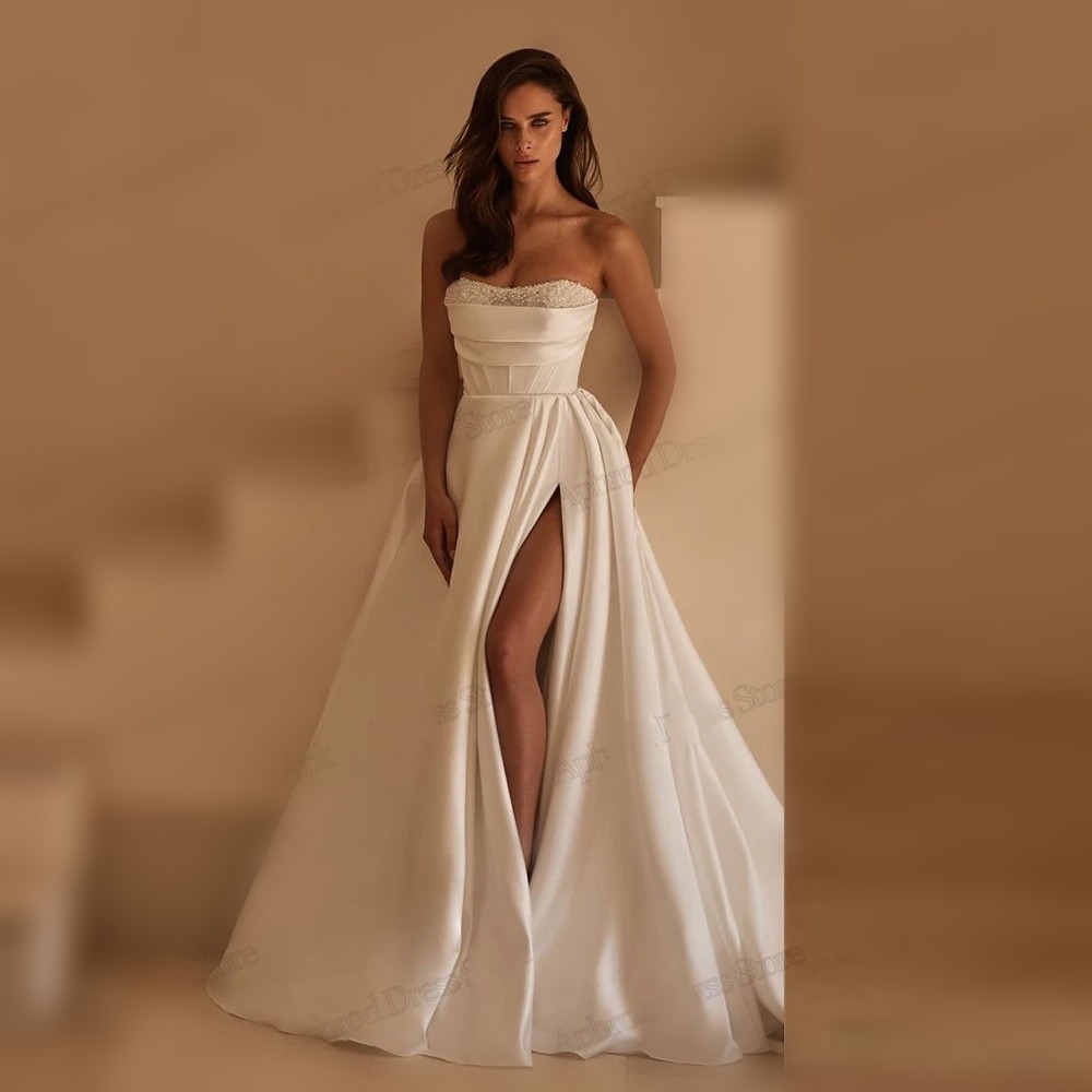 Wedding Modern Bride Dresses A E Strapless Satin Pleat Bridal Gowns Sequin Pearls Appliques Sexy Robes High Slit Vestidos De Noiva ppliques