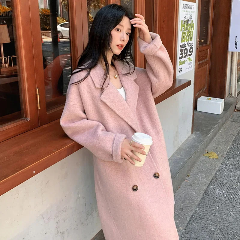 Highgrade alpaca doublesided cashmere coat womens midlength loose 2024 autumnwinter woolen thickened 241225