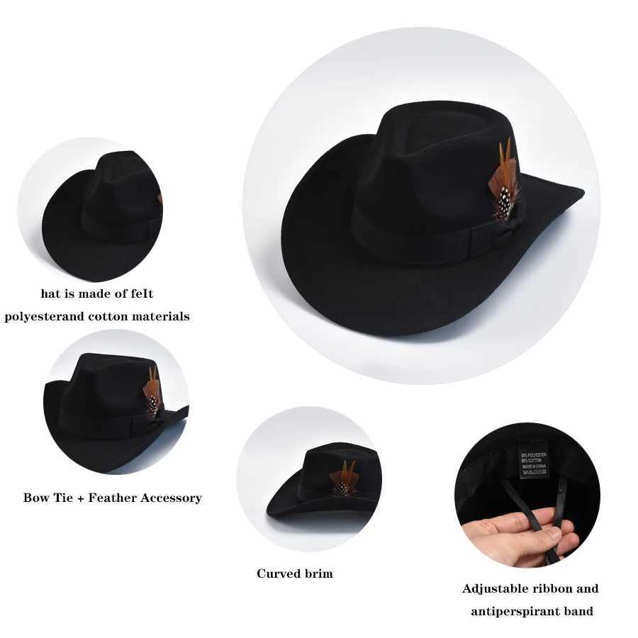 Mens Wool Blended Feather Hat Curled Brim Mens Cowboy Hat W241225