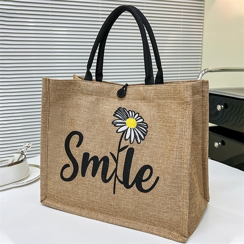Tote Woven Bag Women Handpainted Pattern Letter Canvas Shopping Handbag 241203