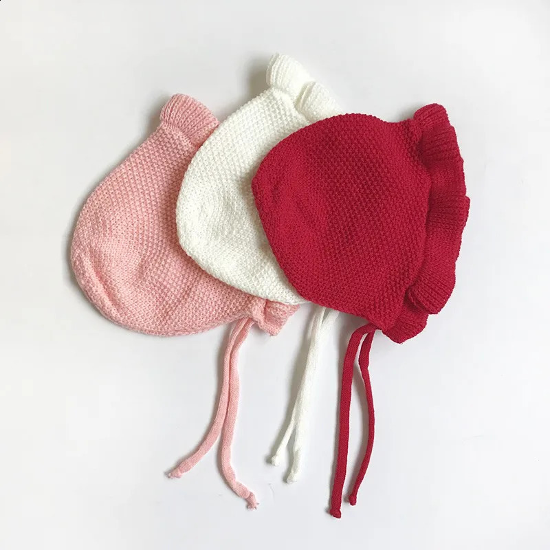 Spring Ear Protection Baby Hat Crochet Knitted Infant Girls Cap Beanie Toddler Lacing Caps Solid Color Ruffle Bonnet 02Years 241225