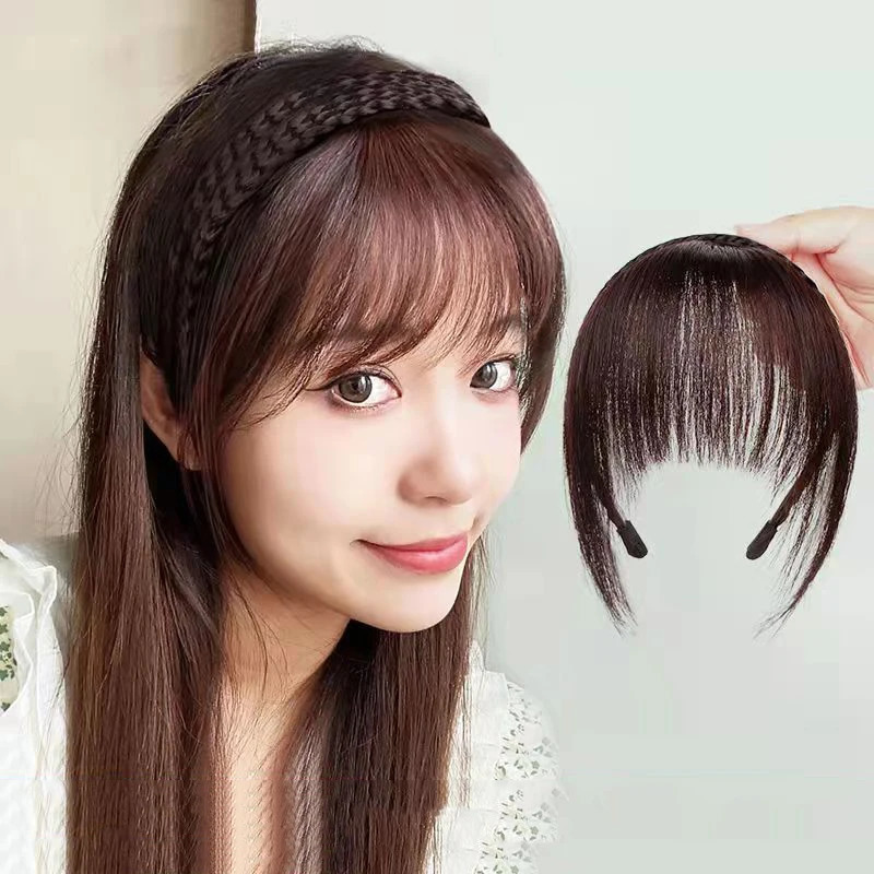 Synthetic Fake Bangs Hair Neat Fringe Bands with Double Row Braids Headband Heat Resistant Bangs In Hair Extensions Hairpieces 241225