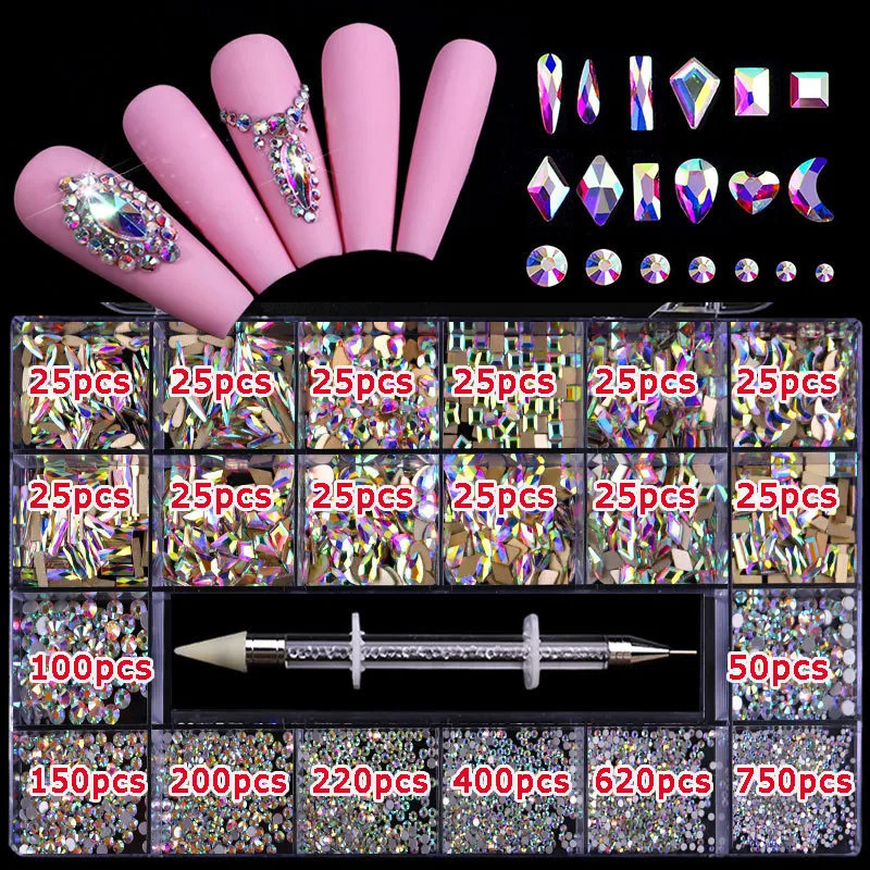 Shiny Diamond Nail Art Rhinestones Kit Glass Crystal Decorations Set 1pcs Pick Up Pen In Grids Box 21 Shapes of 2800pcs 241226