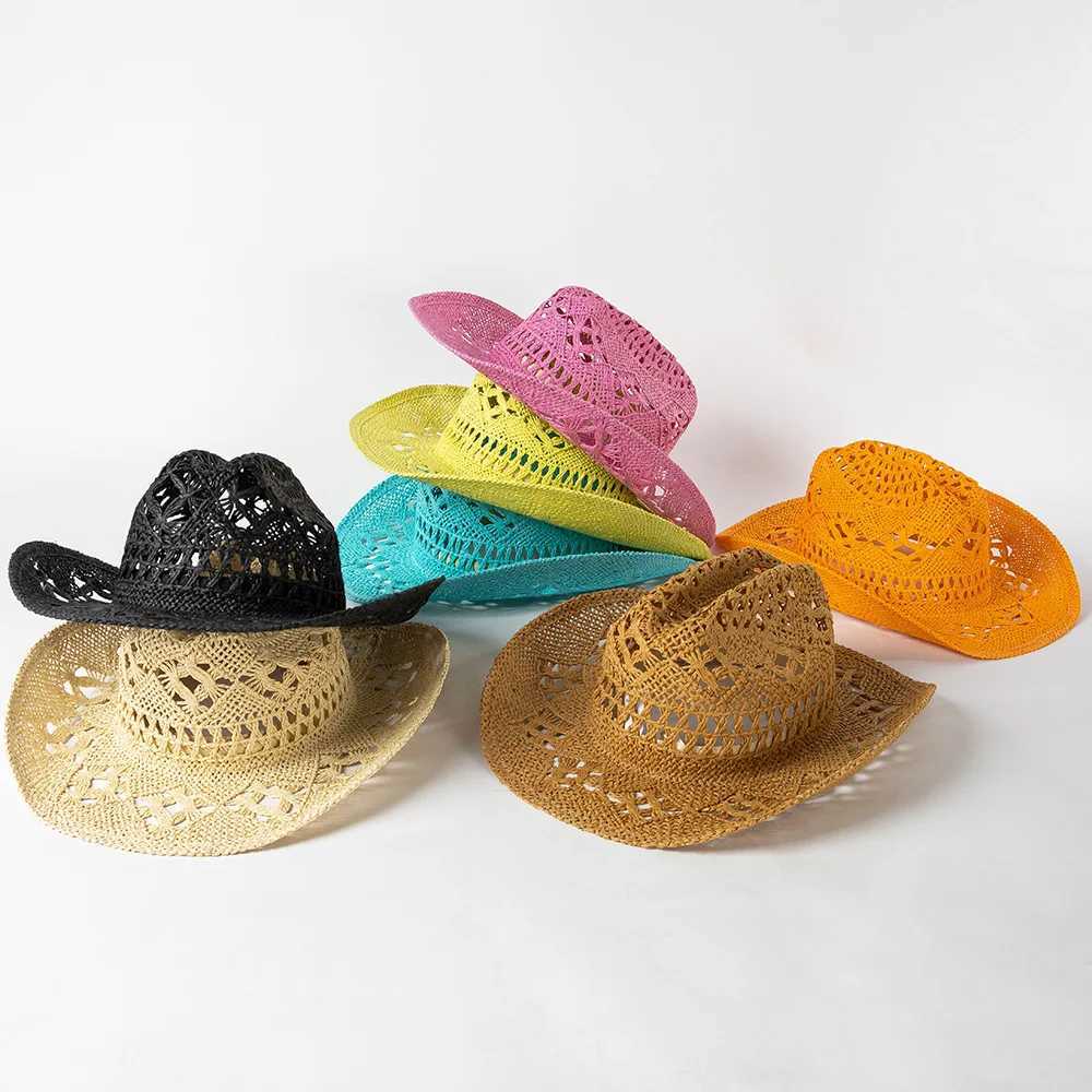 Cowboy Summer Mens Hat Western Hollow Handmade Str Jazz Sun Hat Beach Womens Cowboy Girl C Hot Pink Solid Sombrero Hombre W241225