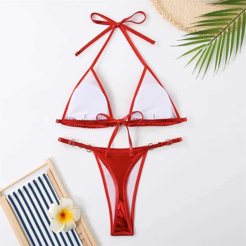 Silver Mini Bikini Beaded Chain Triangle Swimsuit Strap Beaded Backless Swimsuit Y2K Womens Bikini Beach SetW241225