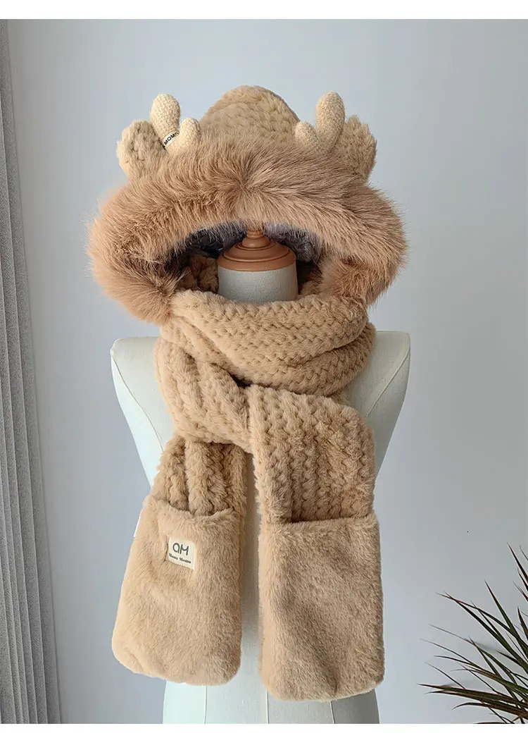 Fashion Elk Antlers Plush Hat Scarf Gloves Womens Winter Ear Protector Thickened Lei Feng Hat Cycling Ski Cap Wind Proof 241225