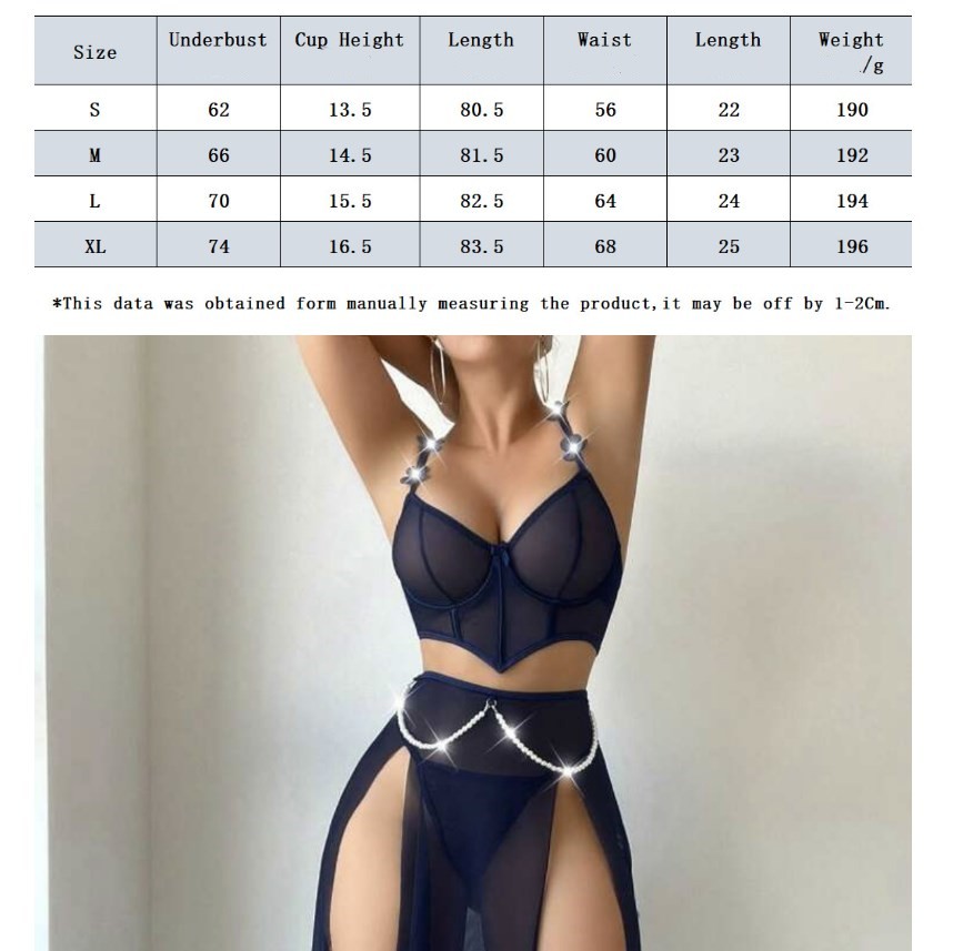 Women's Sleepwear 3 Pieces Lingerie Set V Neck Spaghetti Strap Bustier Corset Top and Pearl Chain Decor Sexy Slit Dress Babydolls with Panties