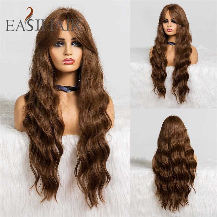Synthetic Wigs Easihair Long Water Wave Dark Brown Synthetic Wigs for Women Cosplay with Bangs Heat Resistant Pink Black Hair Natural 230227 Hair Wigs
