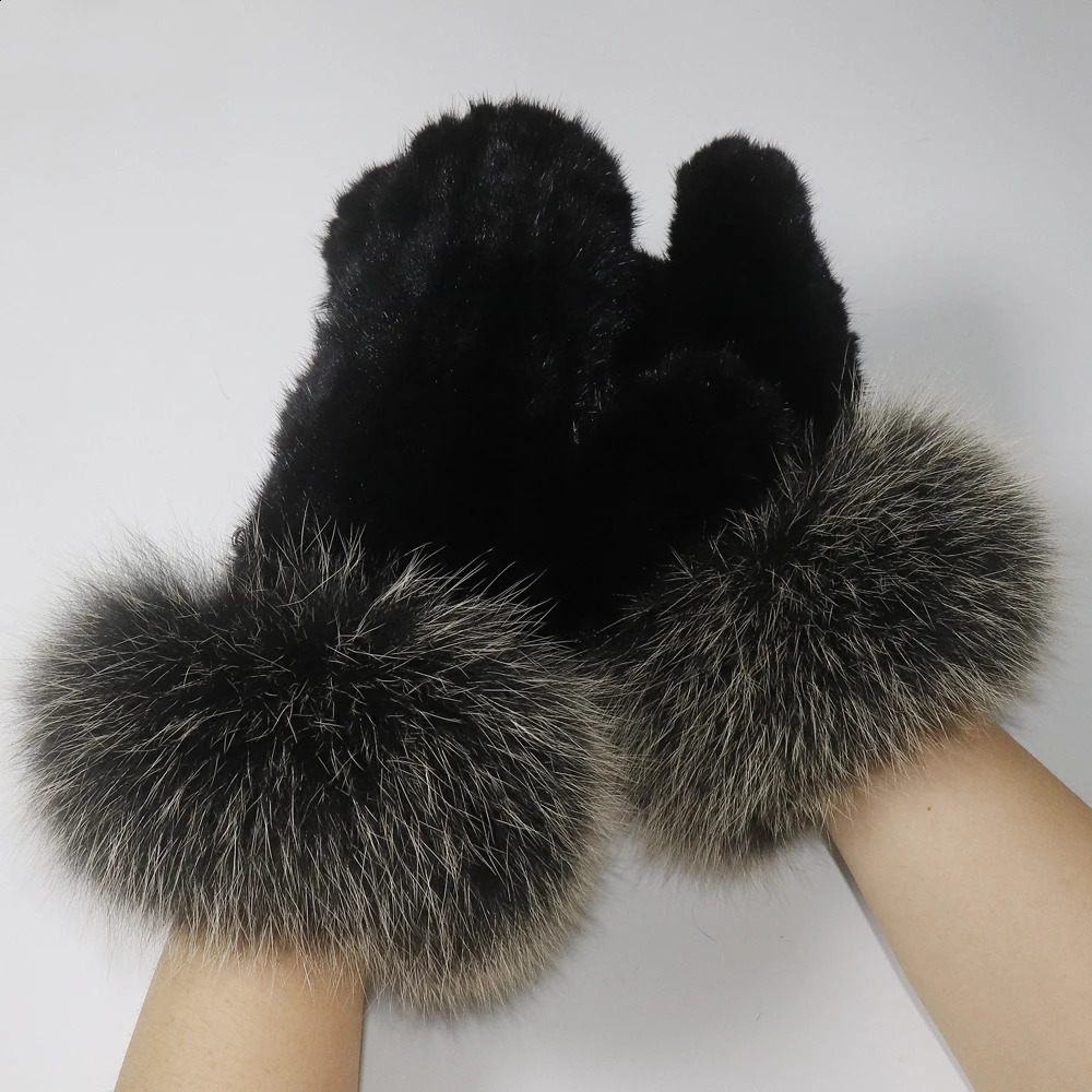 Winter Women 100% Real Mink Fur Gloves With Fox Fur Cuff Warm Natutal Fur Glove Female Thick Knit Real Mink Fur Mittens 241226