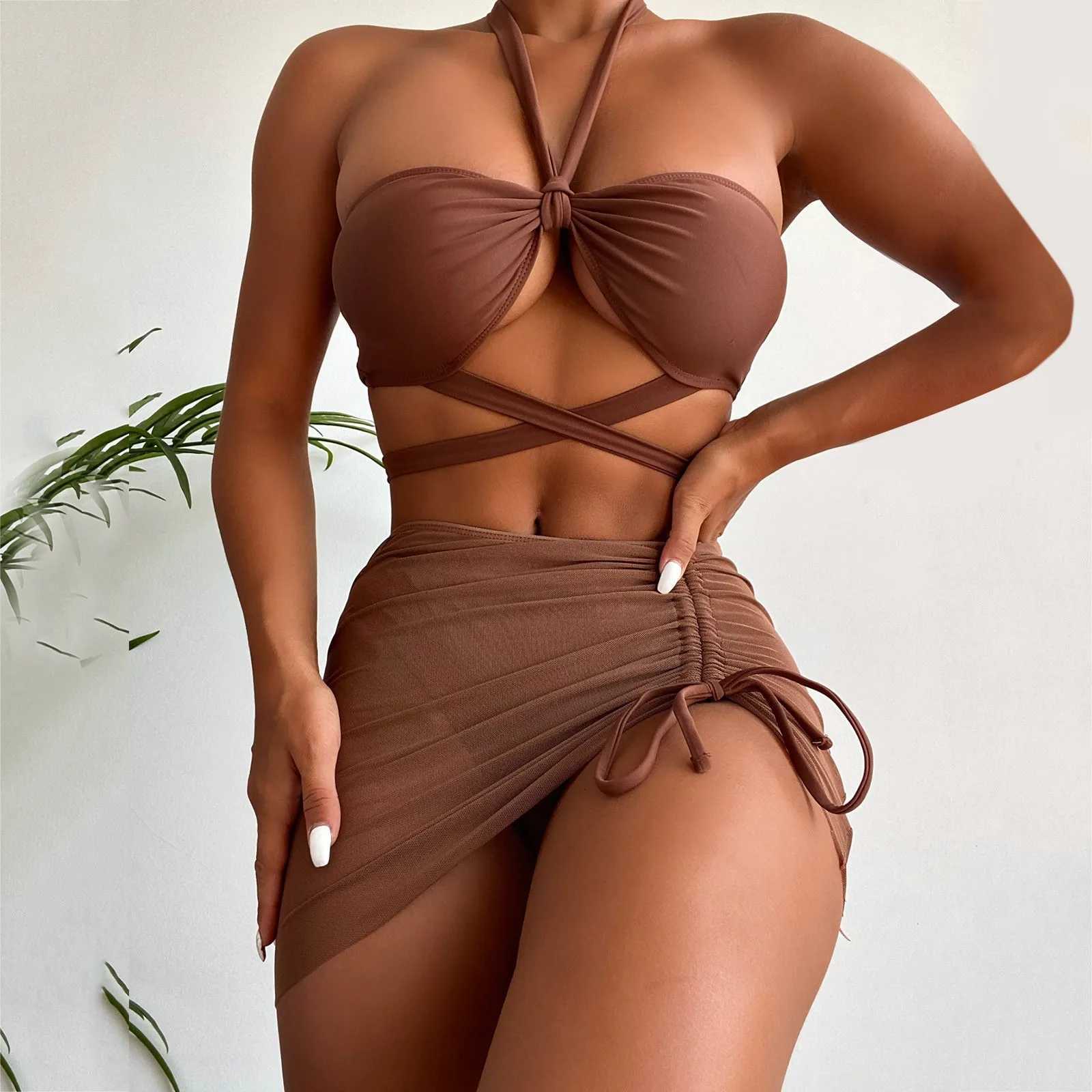 Summer 2024 New 3-Piece Swimsuit Womens High Waist Swimsuit Sexy Lace Up Micro Bikini SetW241225