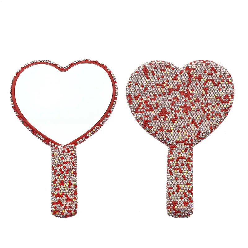 Diamond Handheld Makeup Mirror Love Heart Mirror Female Handle Makeup Cosmetic Beauty Tools Handheld Vanity Girls Make Up Mirror 241226