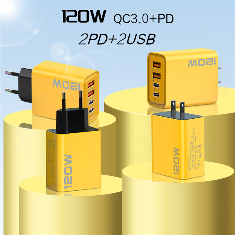 120W Fast Charging 4 Ports Mobile Phone Charger QC3.0 USB Type C Chargers Dual PD Wall Adapter EU/US/UK Plug for iPhone 15 Xiaomi Samsung