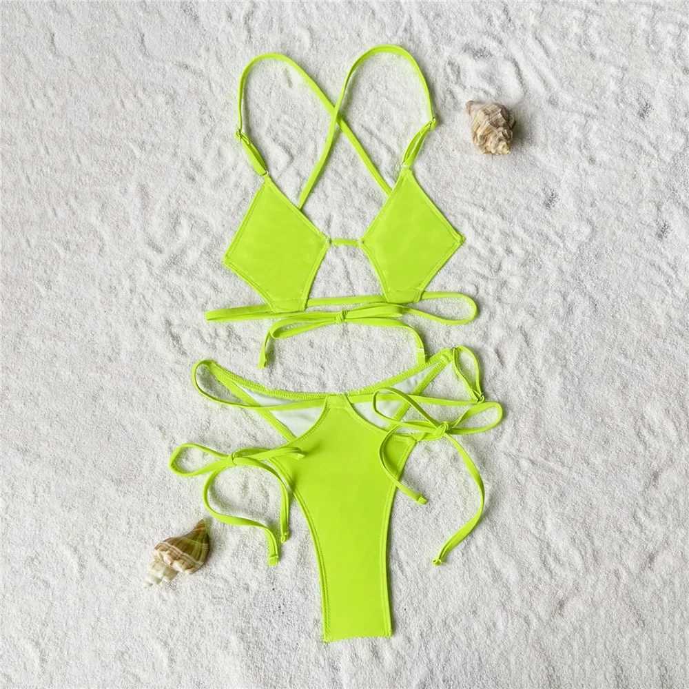 Sexy neon green striped lace micro thong swimsuit womens bikini set hollow swimsuit bikini without printing agentW241225