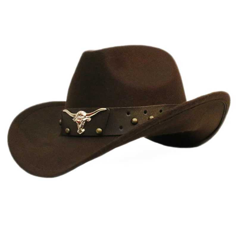 Retro Cow Head Rivet Belt Neutral Womens/Childrens Wool Wide Brown Sun Cowboy Western Cowboy Hat C 54-57-61cm W241225
