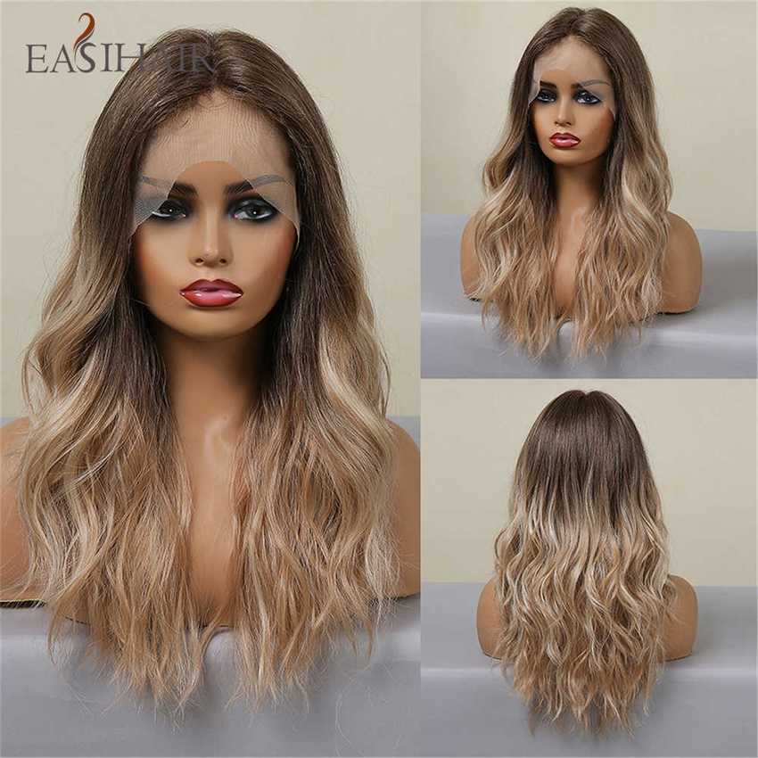 Synthetic Wigs Easihair Ombre Blonde with Highlight Lace Front Wig Long Wavy Natural Synthetic for Women Cosplay Heat Resistant 230227 Hair Wigs
