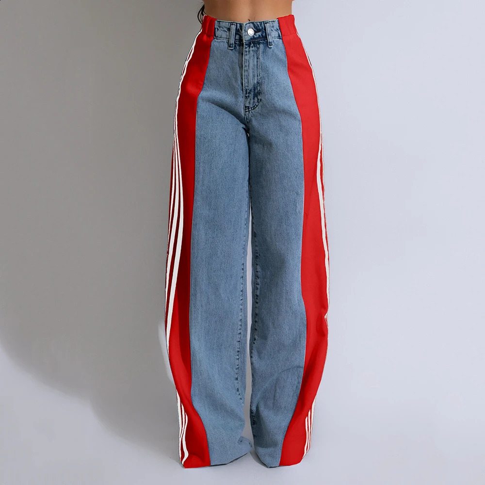 Summer Long Trouses For Women Casual Washed Denim Vintage Jeans Fashion High Waist Elastic Three Stripe Patchwork Straigh Pants 241220