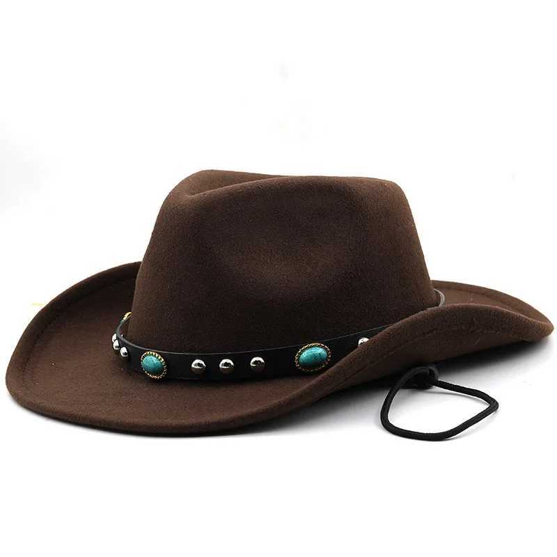 Windproof rope gemstone strap Western cowboy hat mens fashion Fedora top hat ethnic style cowboy girl Felt C outdoor sun hat W241225