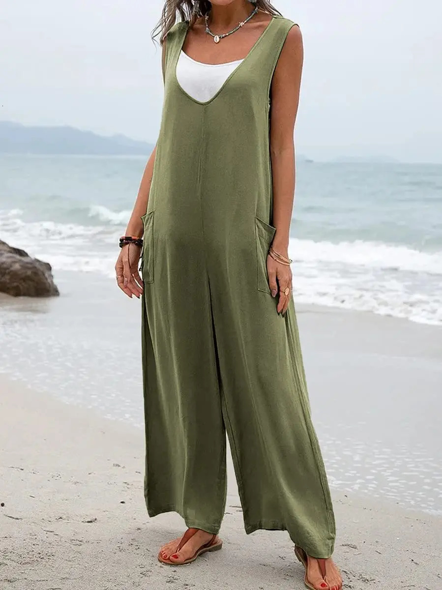 2024 Europe and the United States summer solid color patch pocket fashion jumpsuit Vneck strap wideleg pants 241224